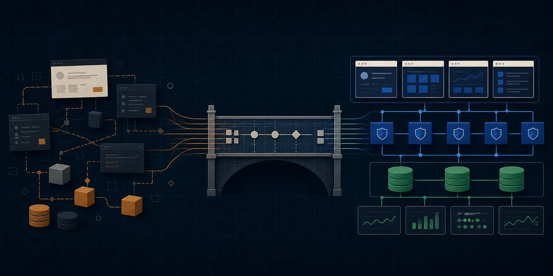 An unstructured software prototype passes through an engineering bridge and becomes an orderly production architecture.