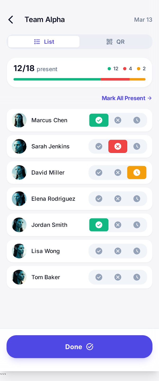 Attendance marking screen showing member list with present, absent, and late status toggles