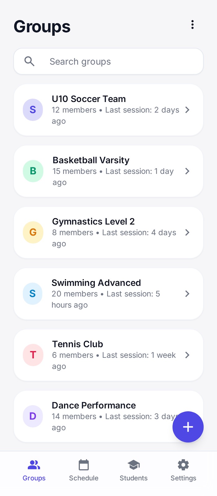 Groups list showing sports teams and classes with member counts and session history