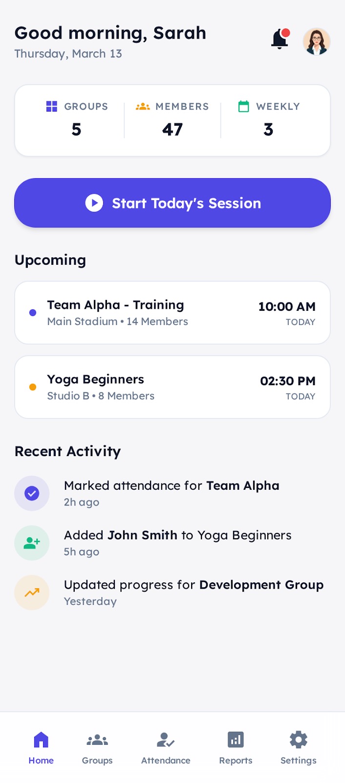 CoachTrack dashboard showing groups, members, upcoming sessions, and recent activity