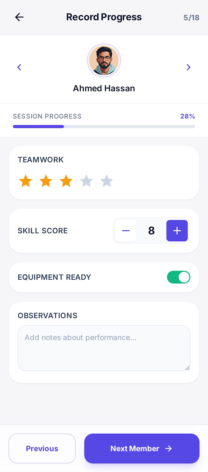 Progress recording screen with rating, numeric, and checklist metric types