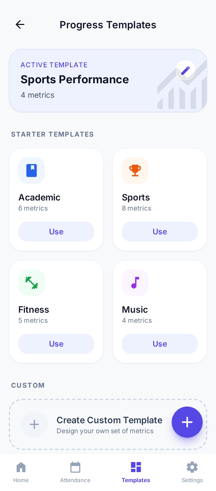 Progress templates gallery with Sports, Academic, Fitness, and Music starter templates