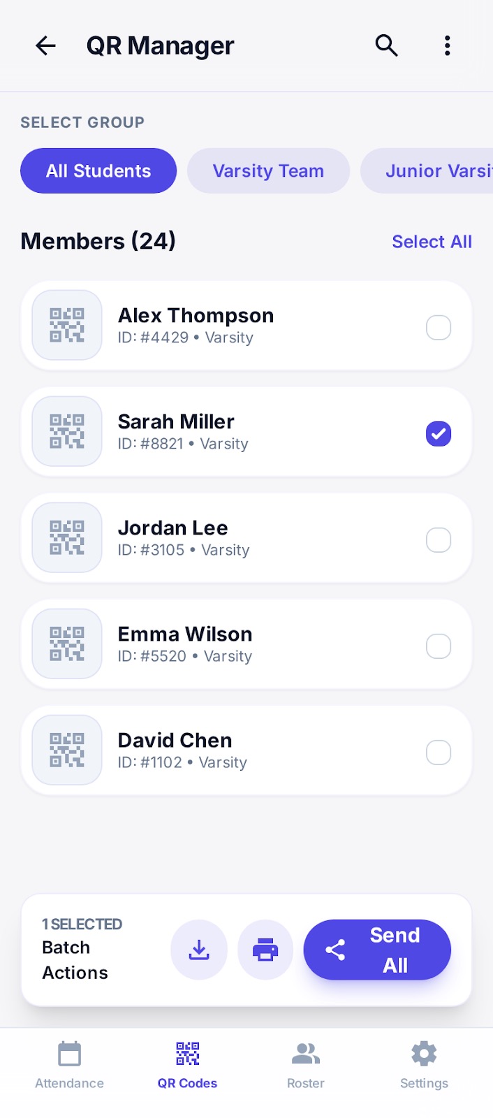 QR code manager showing downloadable and shareable QR codes for members
