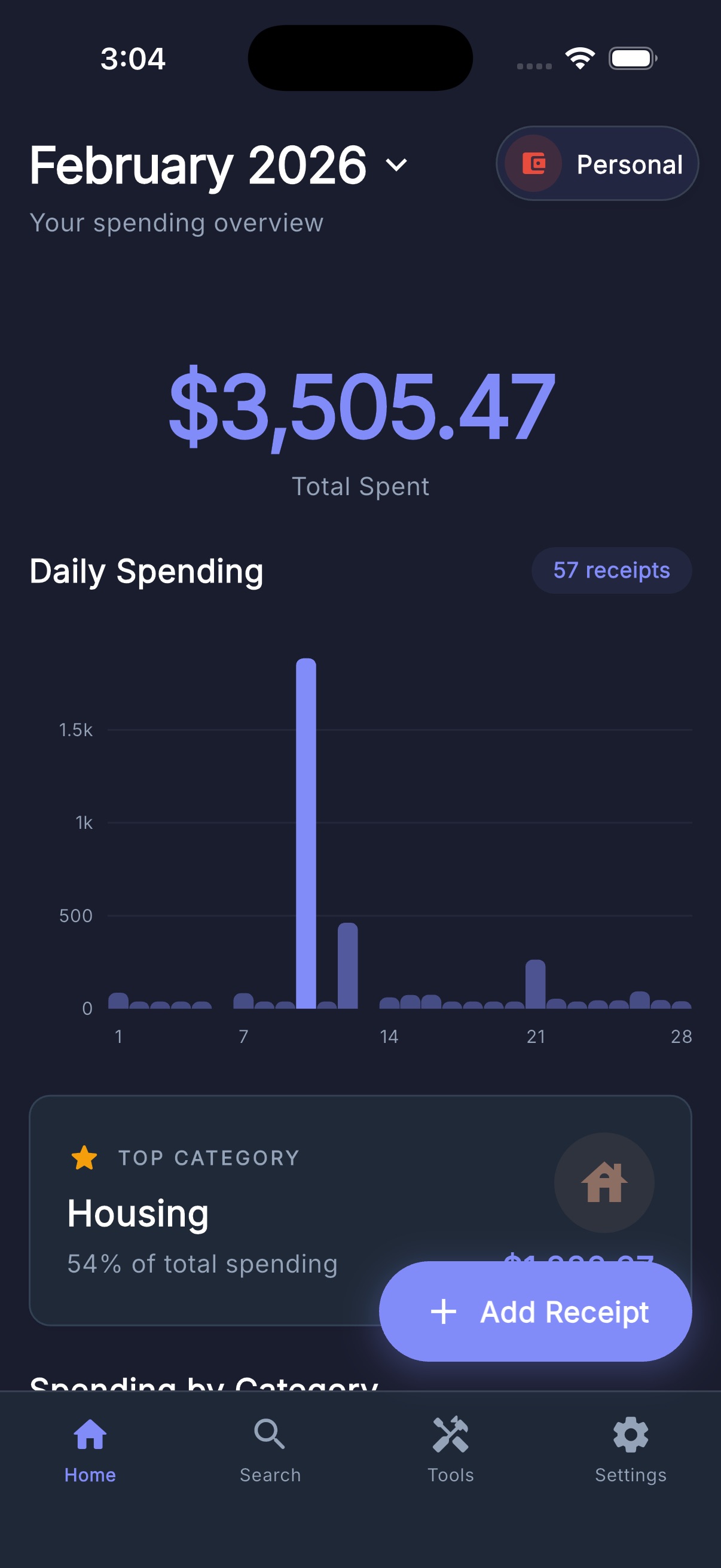AI-powered expense tracker dashboard showing spending overview with daily chart and category breakdown