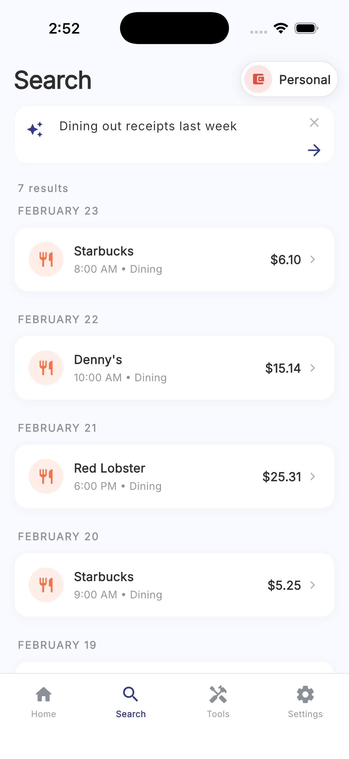 Semantic search with natural language query finding dining receipts