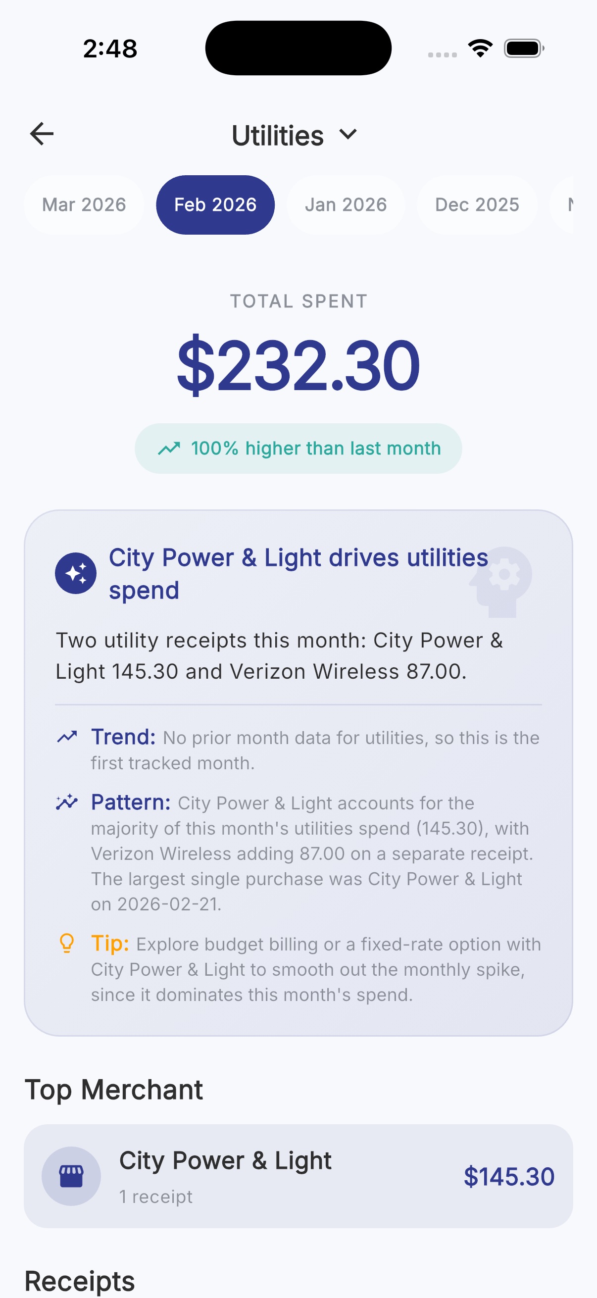 Category deep dive with AI-powered spending insights and trends