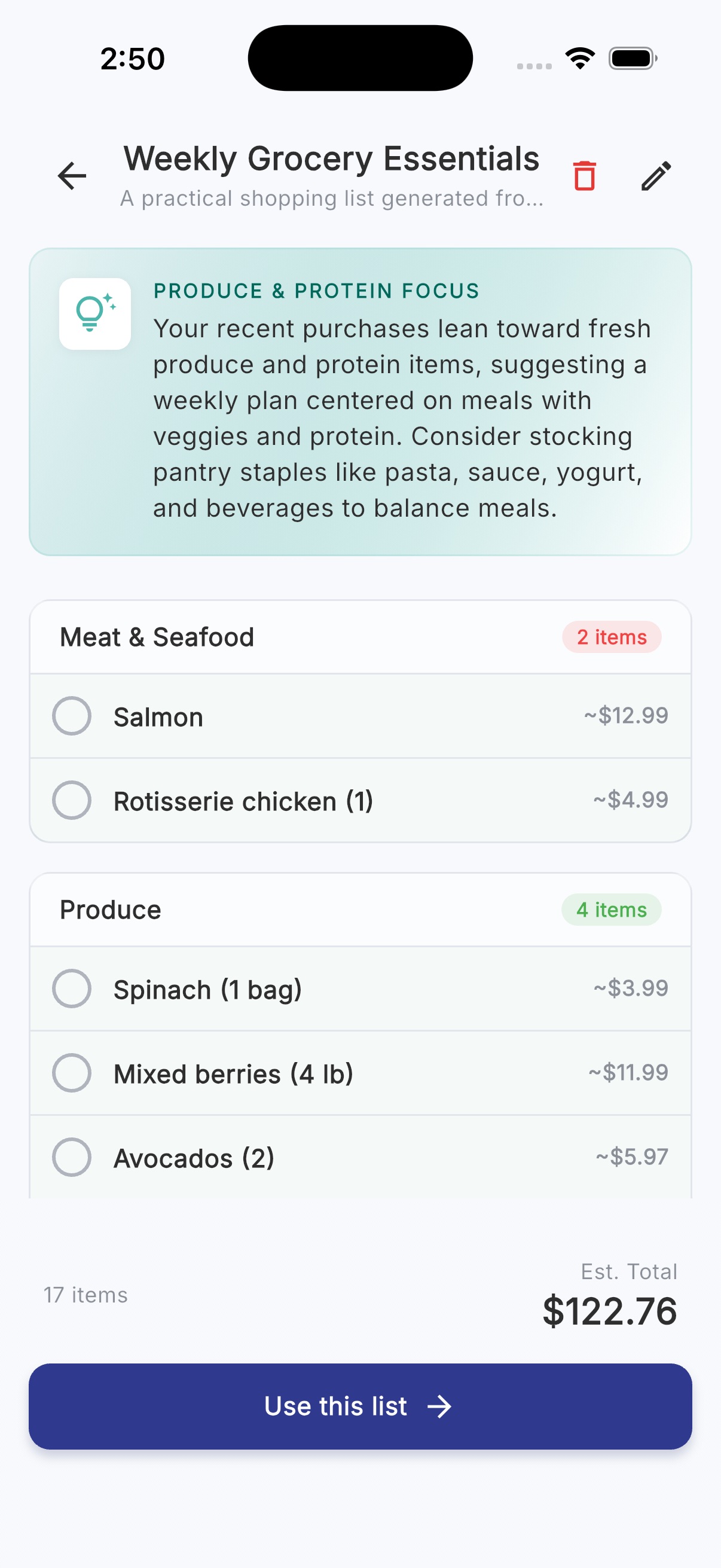 AI-generated grocery shopping list with estimated prices