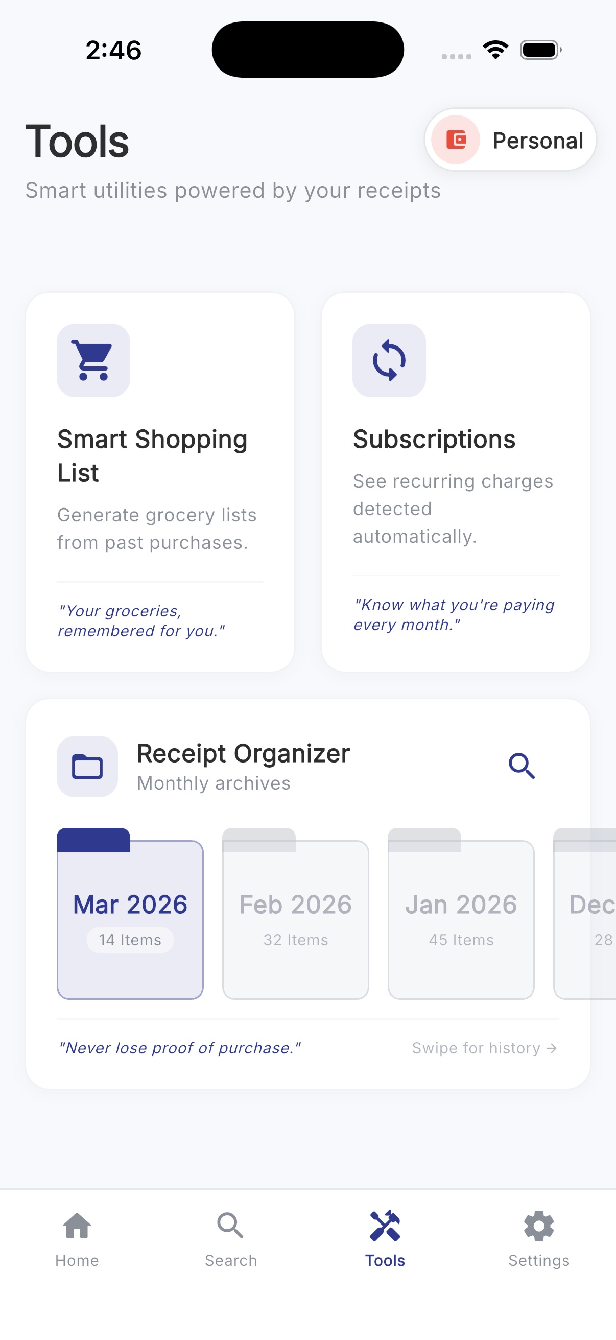 Tools dashboard with Smart Shopping List, Subscriptions, and Receipt Organizer