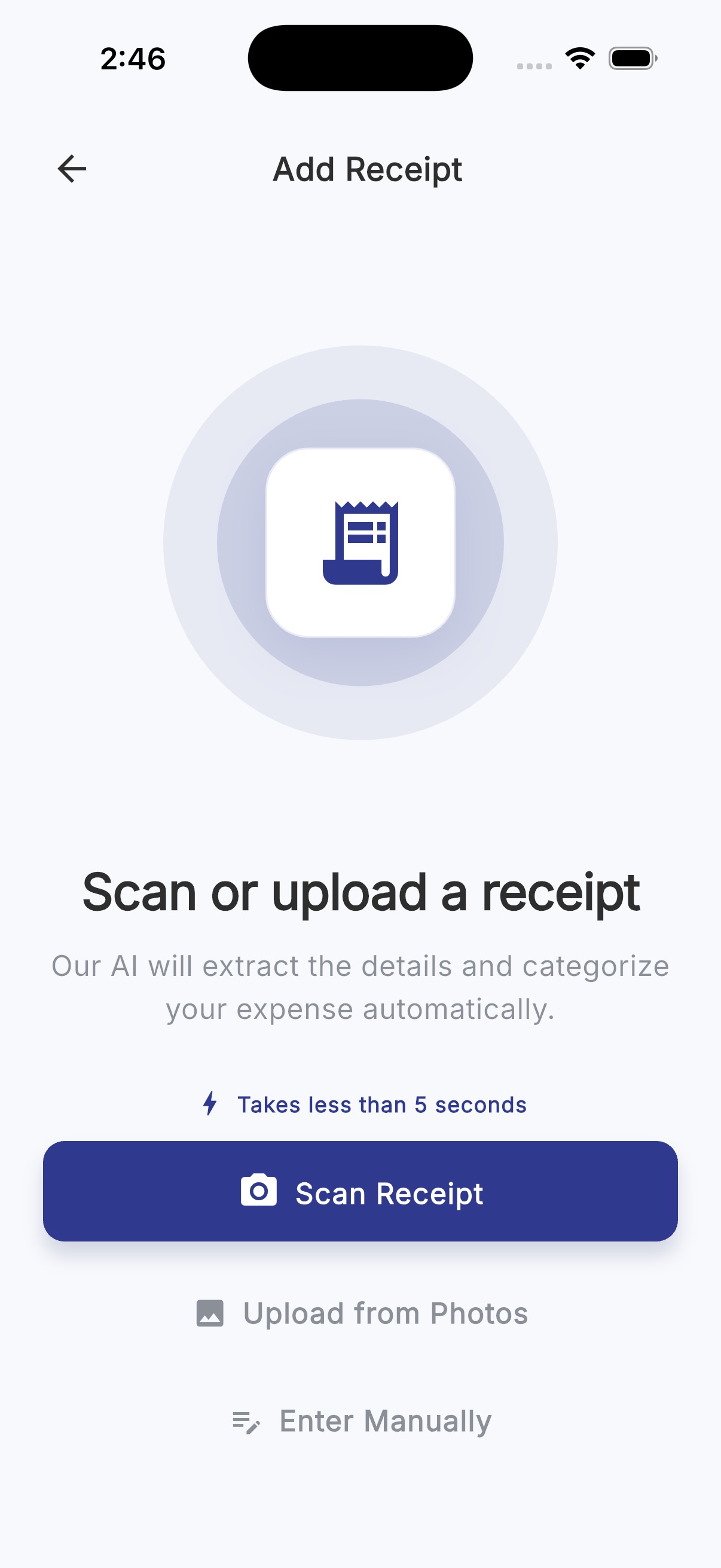 AI receipt scanning screen showing scan and upload options
