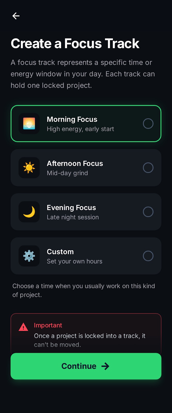 Create a Focus Track screen with Morning, Afternoon, Evening, and Custom time slot options
