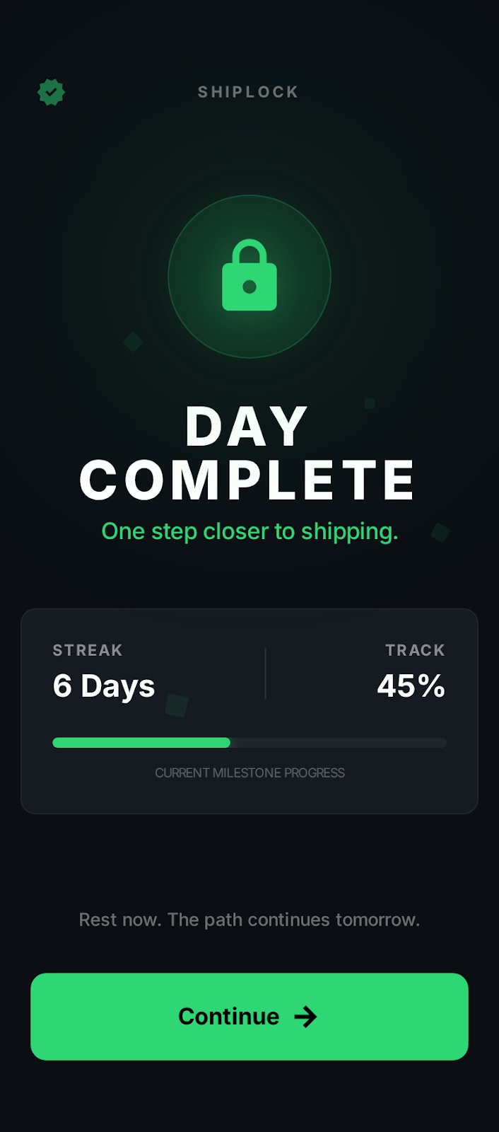 Day Complete celebration screen showing 6-day streak and 45% track progress