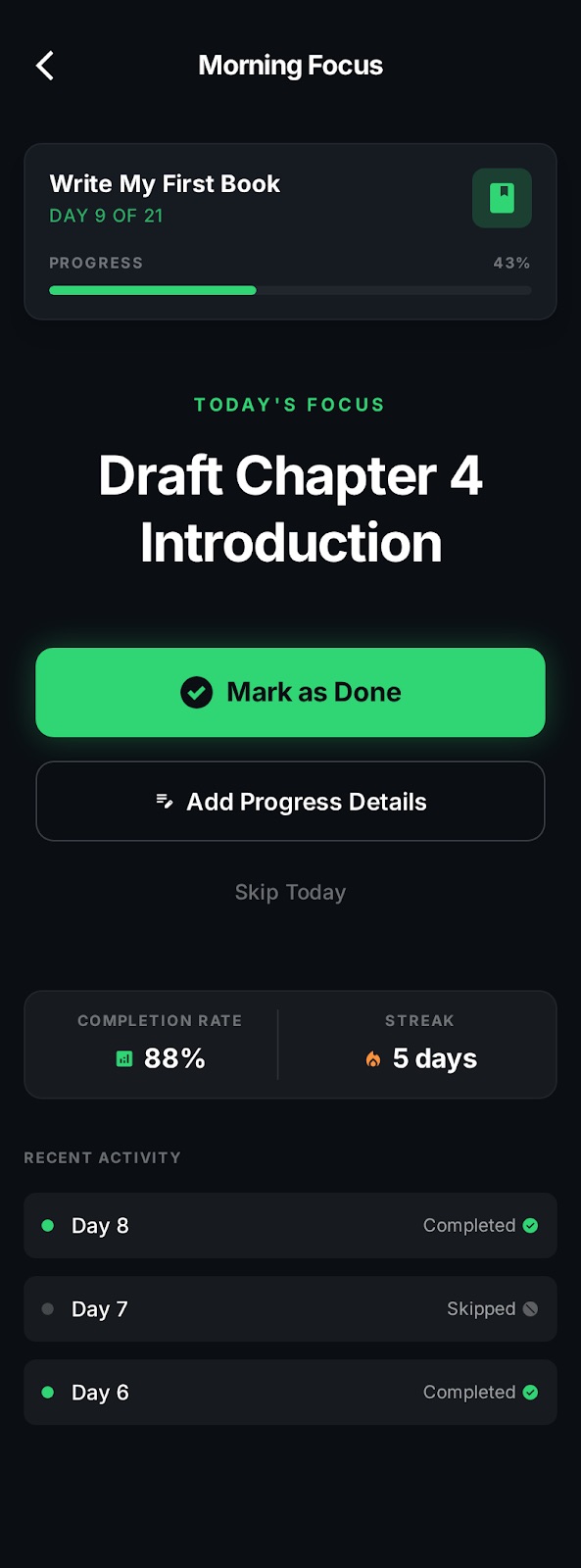Individual track detail showing today's focus, completion rate, streak, and recent activity log