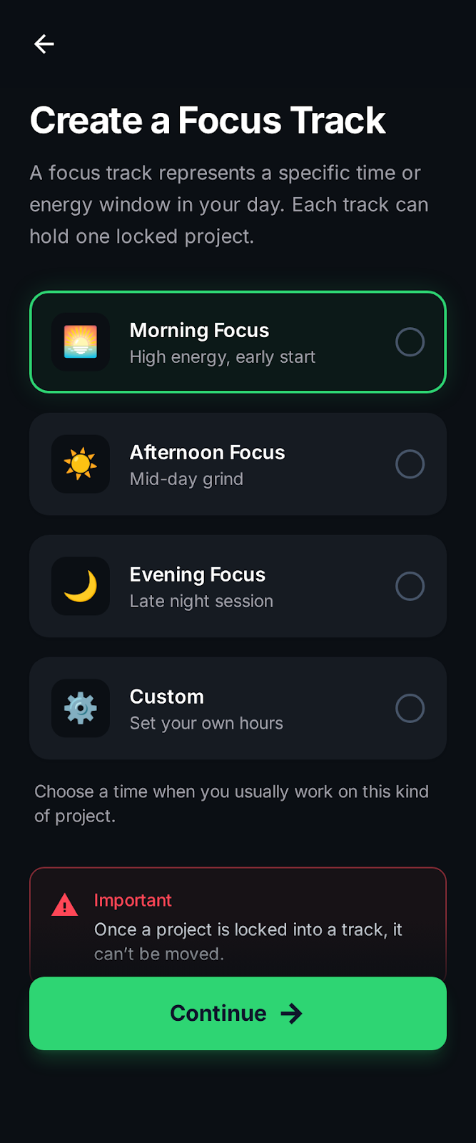 ShipLock app Create a Focus Track screen showing Morning, Afternoon, Evening, and Custom focus options